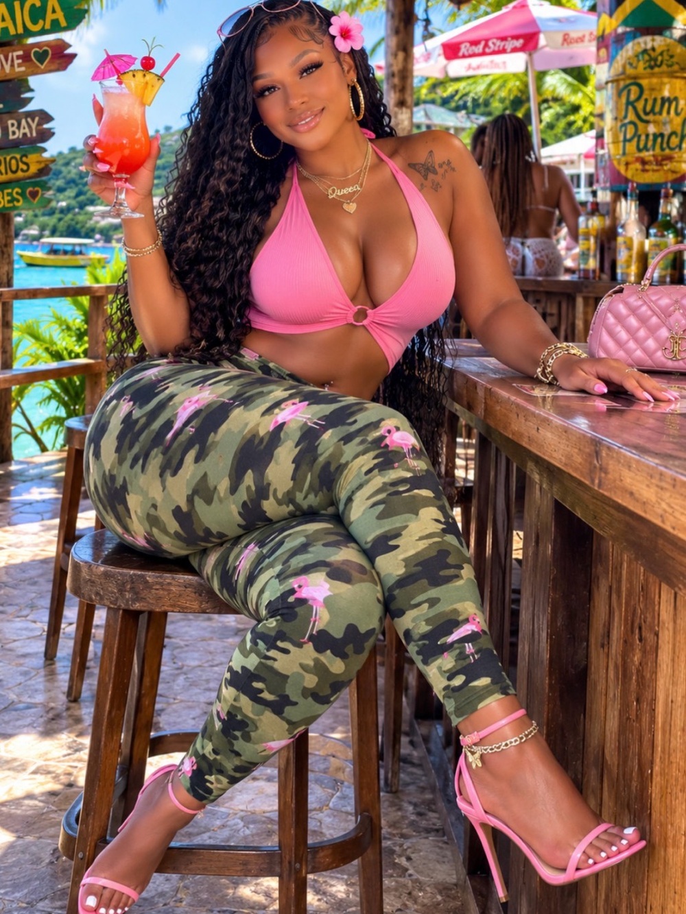 Womens Camo Leggings with Pink Flamingo Print